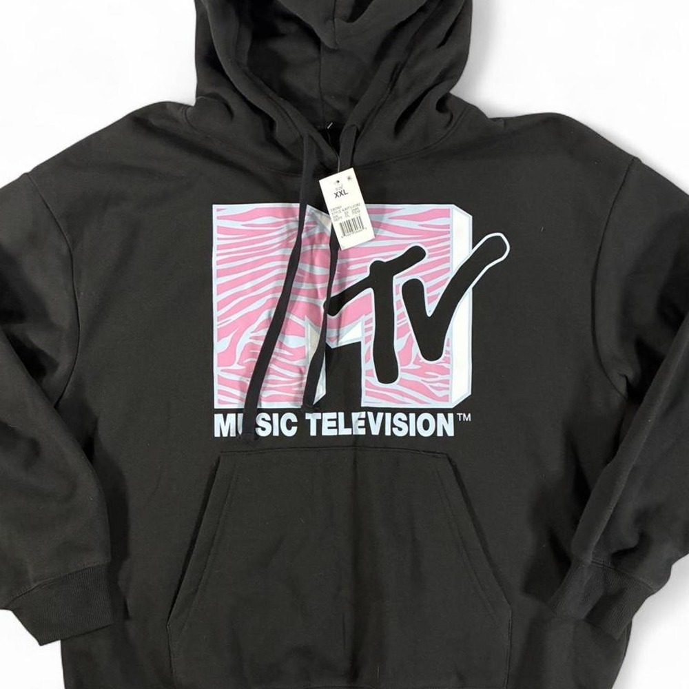 MTV Black Hoodie with Pink Zebra-Stripe Logo. Womens Size XXL. NWT